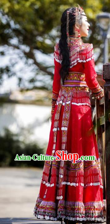 China Guizhou Nationality Traditional Red Long Dress Miao Minority Bride Costumes Ethnic Wedding Apparels and Hair Accessories