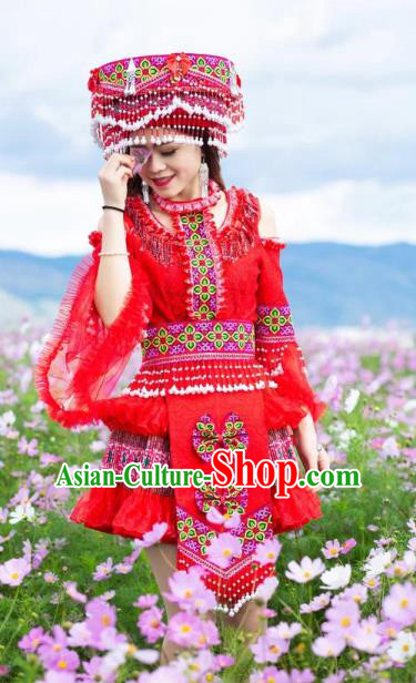 Yunnan Ethnic Women Apparels Minority Wedding Costumes China Yunnan Nationality Red Short Dress and Hat