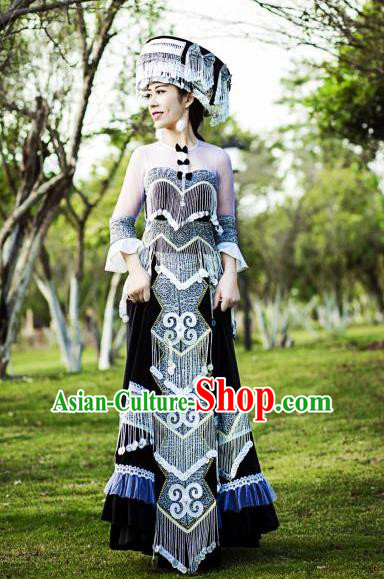Yunnan Ethnic Women Apparels Miao Minority Wedding Costumes China Nationality Black Long Dress and Headwear