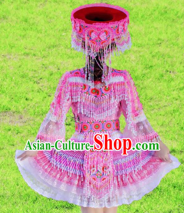 Wenshan Miao Ethnic Women Apparels Minority Folk Dance Costumes China Yunnan Nationality Pink Short Dress and Headpiece