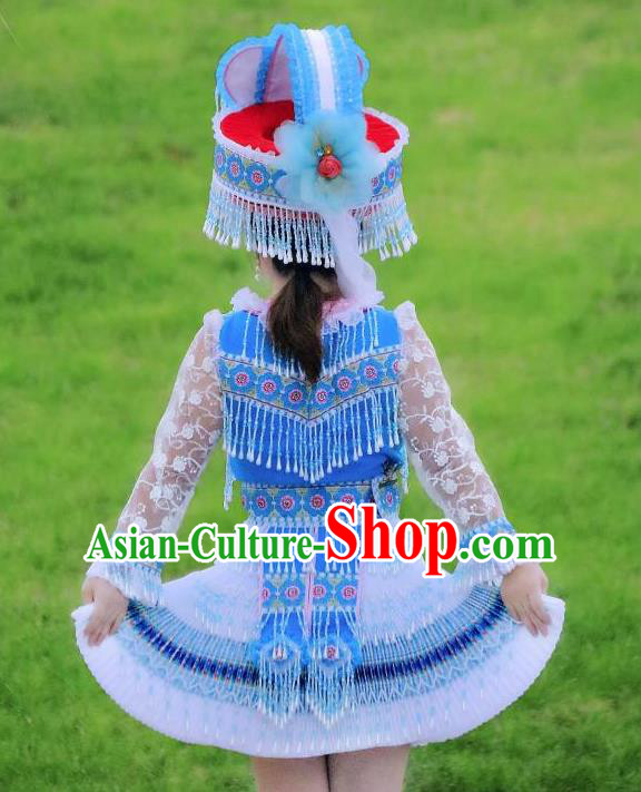Wenshan Yao Ethnic Women Apparels Minority Folk Dance Costumes China Yunnan Nationality Blue Short Dress and Hat