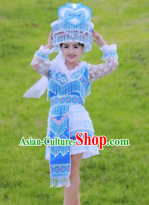 Wenshan Yao Ethnic Women Apparels Minority Folk Dance Costumes China Yunnan Nationality Blue Short Dress and Hat