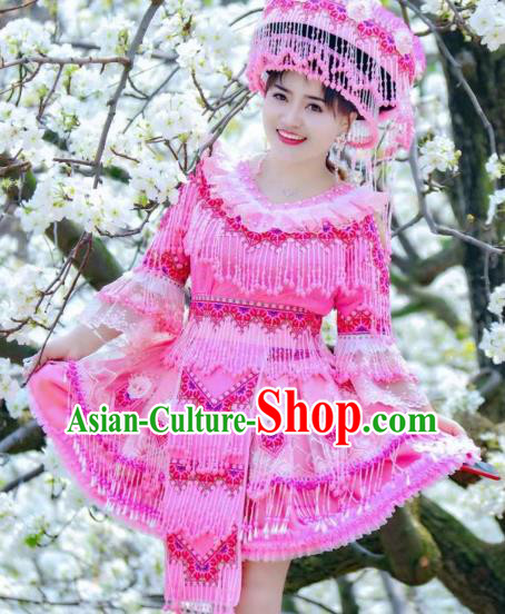 Bride Rosy Blouse and Short Skirt Travel Photography Ethnic Costumes with Hat China Miao Nationality Women Clothing