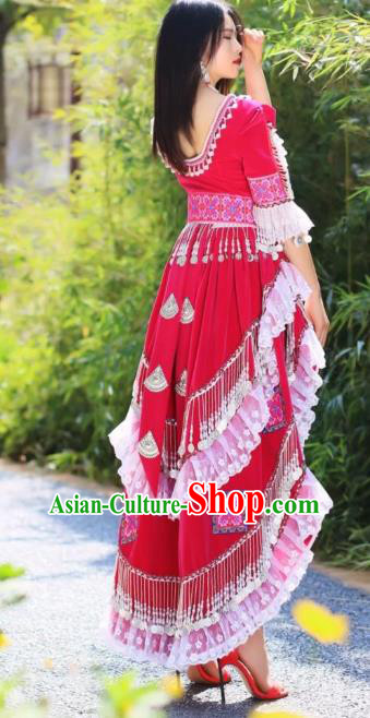 Stage Performance Rosy Blouse and Skirt China Miao Nationality Women Clothing Travel Photography Ethnic Costumes with Hat