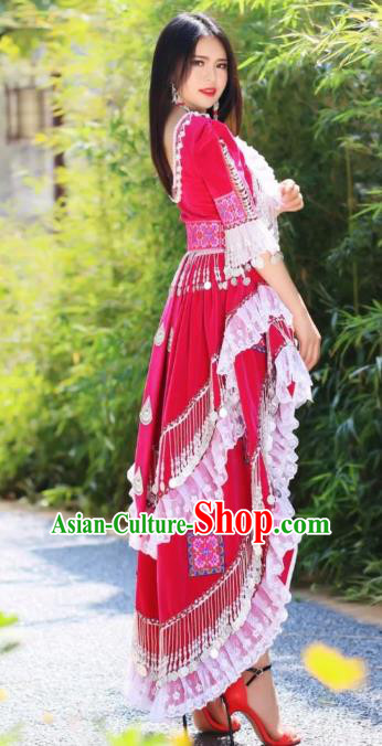 Stage Performance Rosy Blouse and Skirt China Miao Nationality Women Clothing Travel Photography Ethnic Costumes with Hat