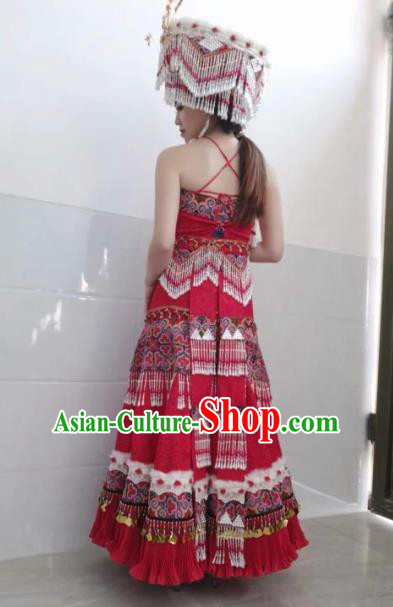 China Yunnan Ethnic Women Clothing Miao Nationality Bride Red Dress Travel Photography Wedding Costumes with Headdress