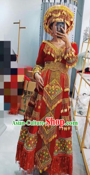 China Miao Ethnic Wedding Costumes Travel Photography Red Dress Nationality Bride Clothing with Hat