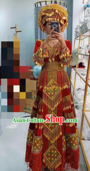 China Miao Ethnic Wedding Costumes Travel Photography Red Dress Nationality Bride Clothing with Hat