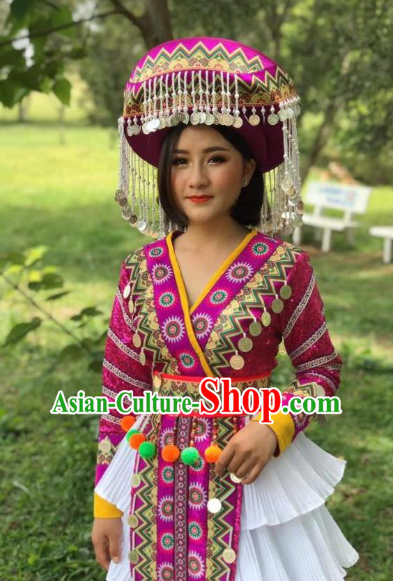 China Ethnic Rosy Blouse and Long Skirt Nationality Women Stage Performance Costumes Yi Minority Dance Clothing with Hat