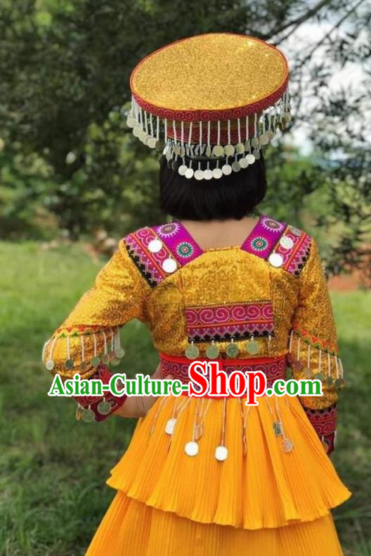 China Ethnic Nationality Stage Performance Costumes Yi Minority Women Clothing Golden Blouse and Long Skirt with Headpiece