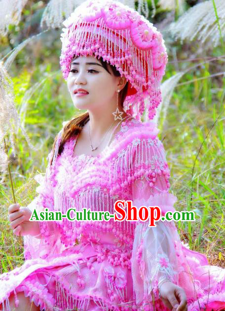 Fashion Miao Minority Costumes China Guizhou Folk Dance Clothing Travel Photography Pink Blouse and Skirt with Hat for Women
