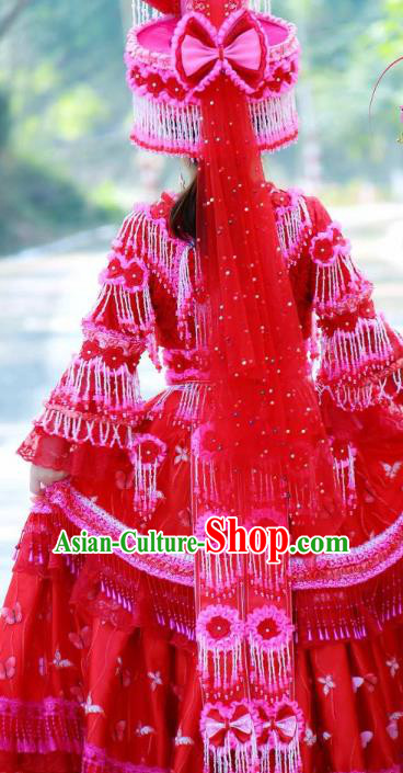 Fashion Miao Minority Wedding Costumes China Ethnic Folk Dance Clothing Travel Photography Bride Red Blouse and Long Skirt with Hat