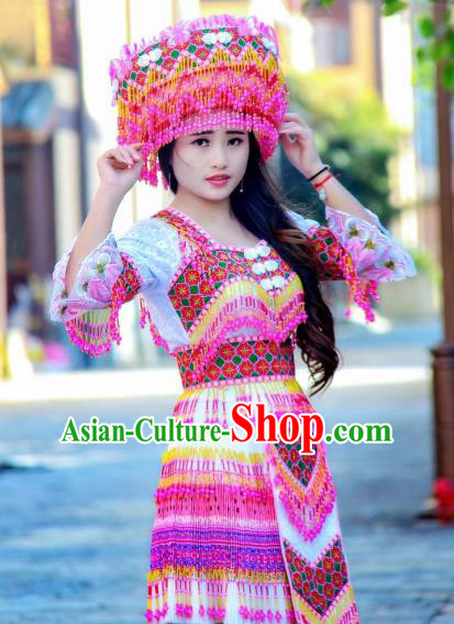 Fashion Yi Minority Female Costumes China Ethnic Folk Dance Clothing Travel Photography Beads Tassel Blouse and Short Skirt with Headwear
