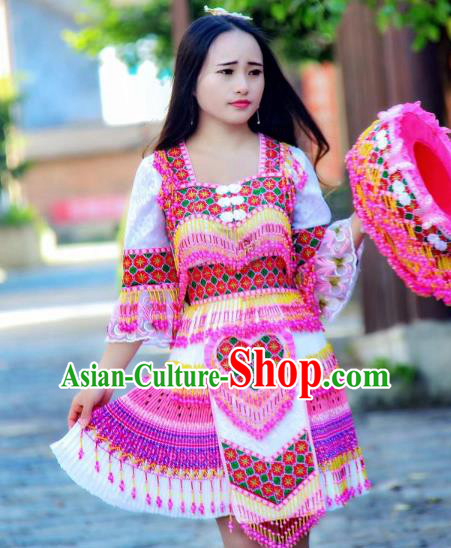 Fashion Yi Minority Female Costumes China Ethnic Folk Dance Clothing Travel Photography Beads Tassel Blouse and Short Skirt with Headwear