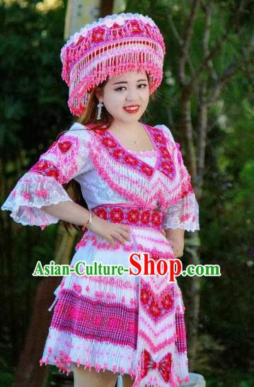 China Fashion Yi Ethnic Clothing Minority Stage Show Costumes Travel Photography Beads Tassel White Blouse and Short Skirt with Headdress