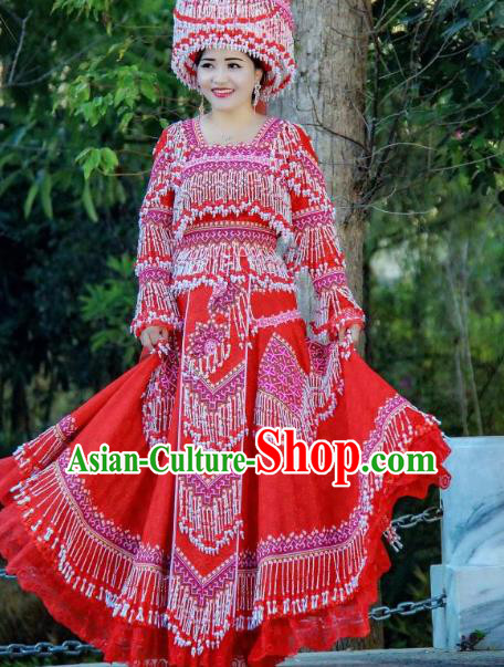 China Ethnic Wedding Dress Miao Minority Bride Costumes Travel Photography Beads Tassel Red Dress with Hat