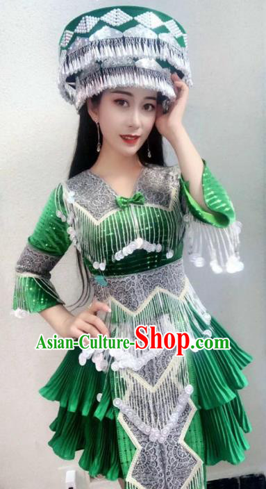 China Wenshan Miao Minority Clothing Travel Photography Green Blouse and Short Skirt Ethnic Women Fashion Costumes with Hat