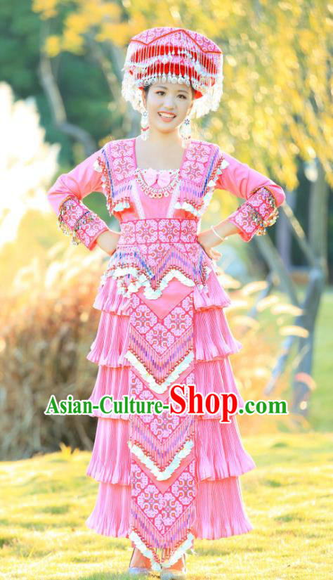Custom Miao Minority Costumes China Yunnan Ethnic Clothing Pink Blouse and Long Skirt with Headwear