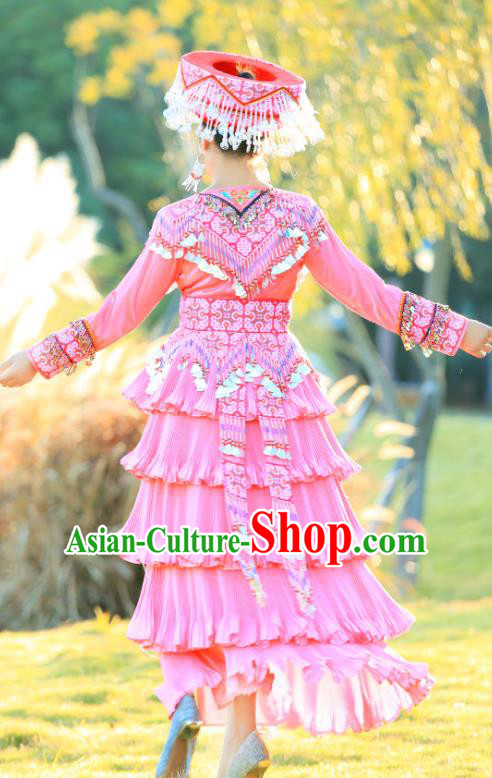 Custom Miao Minority Costumes China Yunnan Ethnic Clothing Pink Blouse and Long Skirt with Headwear
