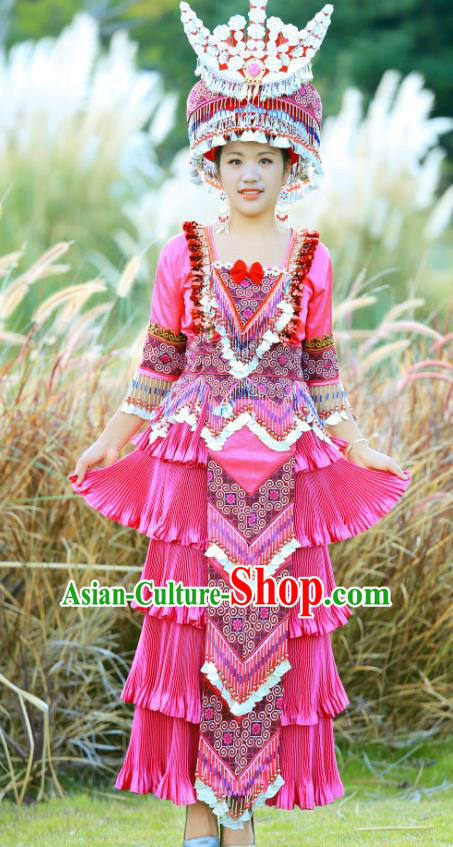 China Ethnic Celebration Costume Traditional Miao Minority Nationality Clothing Rosy Dress with Headwear