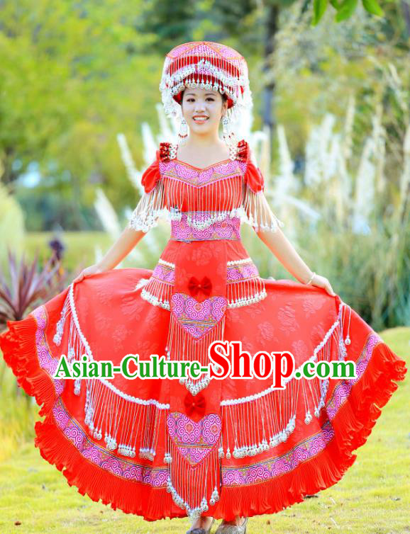 China Ethnic Bride Celebration Costume Traditional Miao Minority Nationality Clothing Wedding Dress with Headpiece