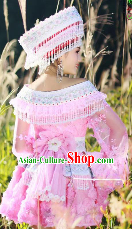 China Ethnic Miao Nationality Pink Blouse and Short Skirt Traditional Festival Costume Minority Celebration Dress with Headwear