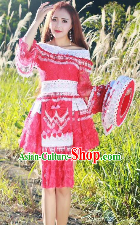 China Minority Celebration Dress Ethnic Miao Nationality Embroidered Rose Red Blouse and Short Skirt Traditional Festival Costume with Headwear