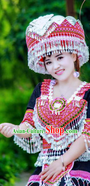China Traditional Miao Ethnic Wedding Costumes Yunnan Minority Nationality Folk Dance Dress Embroidered Clothing and Headdress
