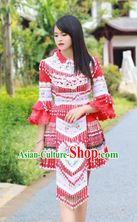 China Traditional Miao Minority Costumes Yunnan Tourist Attraction Stage Performance Clothing Ethnic Nationality Red Dress and Hat