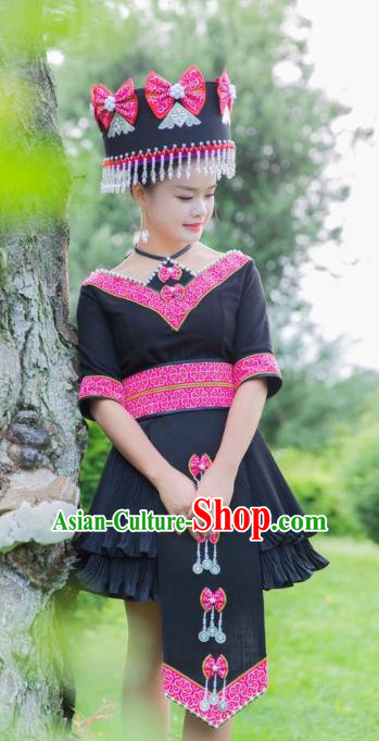 China Guizhou Miao Minority Female Black Dress Tourist Attraction Photography Costumes Traditional Folk Dance Clothing and Hat