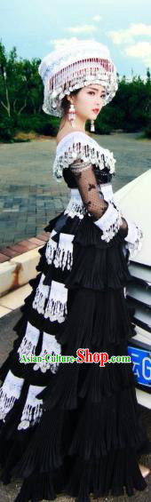 China Ethnic Festival Women Black Dress Guizhou Miao Minority Celebration Clothing Folk Dance Costumes and Hat