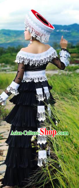 China Ethnic Festival Women Black Dress Guizhou Miao Minority Celebration Clothing Folk Dance Costumes and Hat