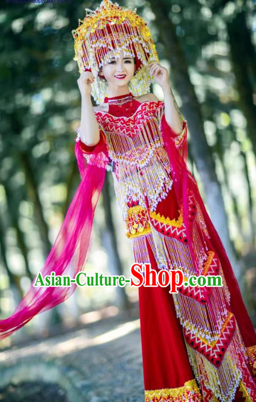 China Yao Minority Wedding Dress Ethnic Traditional Celebration Clothing Nationality Bride Costume with Headwear