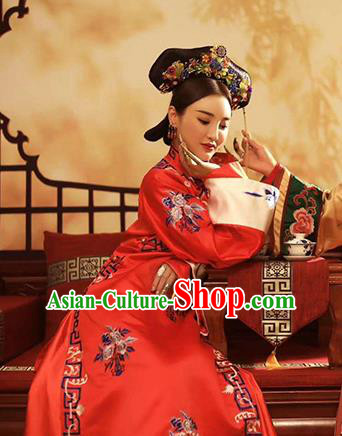 Chinese Qing Dynasty Empress Xiaozhuang Costumes Ancient Manchu Palace Queen Red Dress Clothing and Headdress Full Set