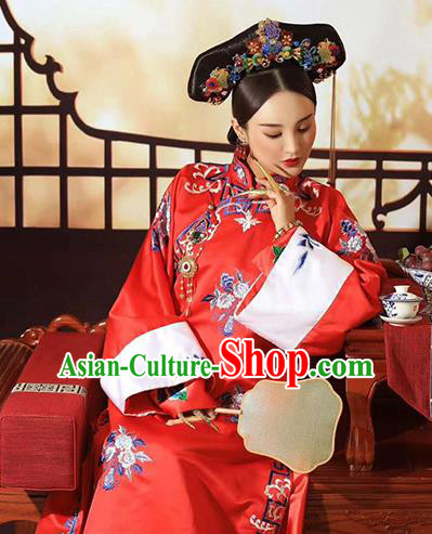 Chinese Qing Dynasty Empress Xiaozhuang Costumes Ancient Manchu Palace Queen Red Dress Clothing and Headdress Full Set