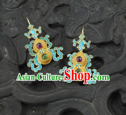 Top Grade Chinese Classical Court Gems Bat Earrings Traditional Handmade Golden Gourd Ear Jewelry Qing Dynasty Palace Accessories