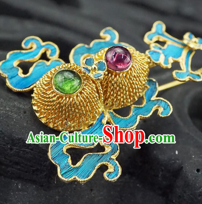 Top Grade Chinese Classical Court Gems Bat Earrings Traditional Handmade Golden Gourd Ear Jewelry Qing Dynasty Palace Accessories