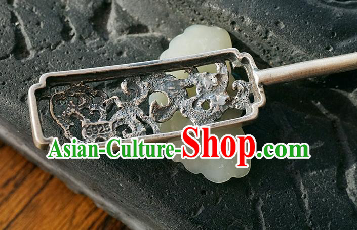 Chinese Ancient Princess Silver Carving Hair Accessories Traditional Cheongsam Jade Hairpin