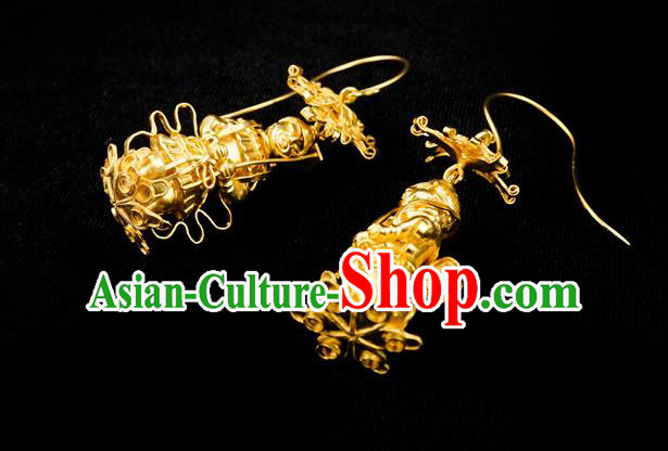 Top Grade Chinese Qing Dynasty Golden Earrings Traditional Handmade Ear Jewelry Ancient Empress Accessories