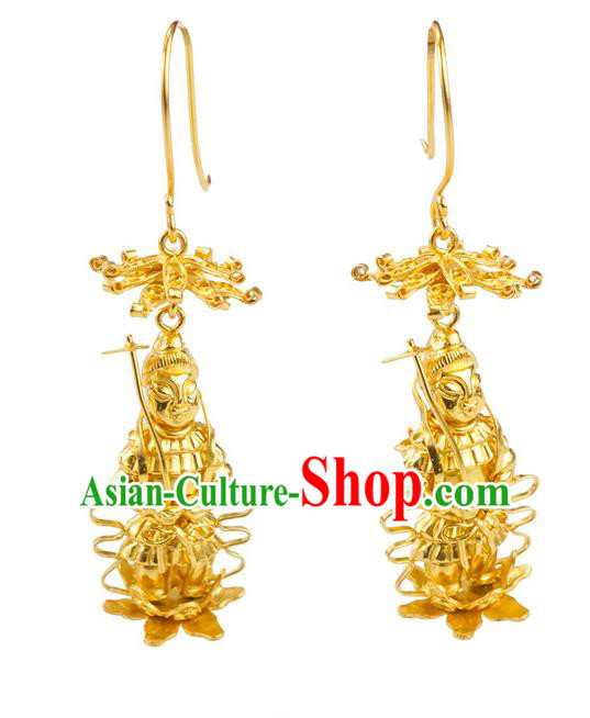 Top Grade Chinese Qing Dynasty Golden Earrings Traditional Handmade Ear Jewelry Ancient Empress Accessories