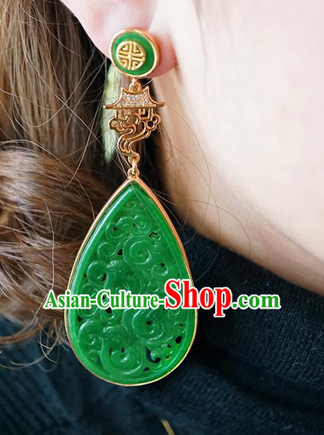 Top Grade Chinese Handmade Golden Palace Ear Jewelry Traditional Accessories Classical Cheongsam Jade Earrings