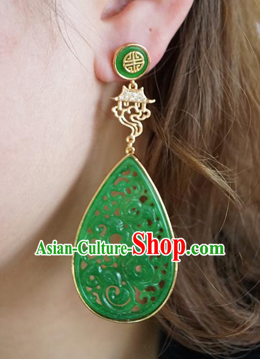 Top Grade Chinese Handmade Golden Palace Ear Jewelry Traditional Accessories Classical Cheongsam Jade Earrings