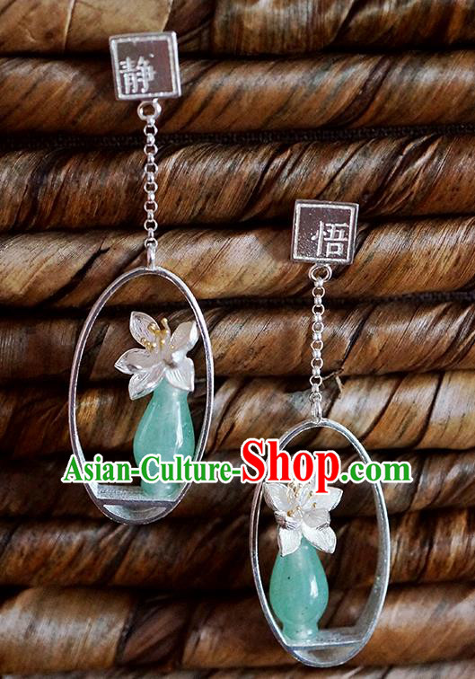 Top Grade Chinese Handmade Silver Orchid Ear Jewelry Traditional Accessories Classical Cheongsam Jade Vase Earrings