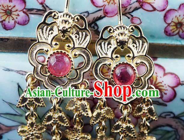 Top Grade Chinese Court Golden Earrings Traditional Handmade Ear Jewelry Qing Dynasty Tourmaline Accessories