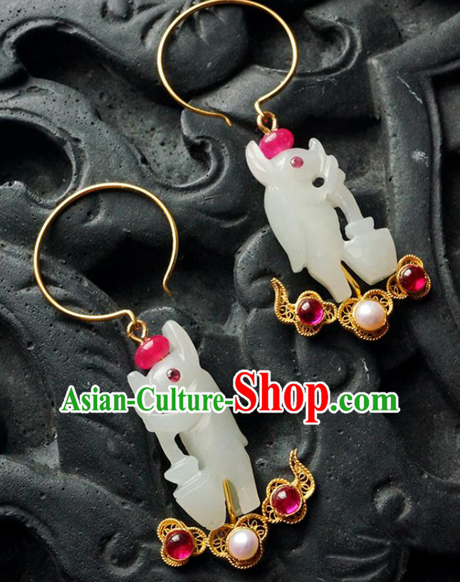 Top Grade Chinese Handmade Jade Rabbit Ear Jewelry Classical Qing Dynasty Palace Lady Gems Earrings Traditional Accessories