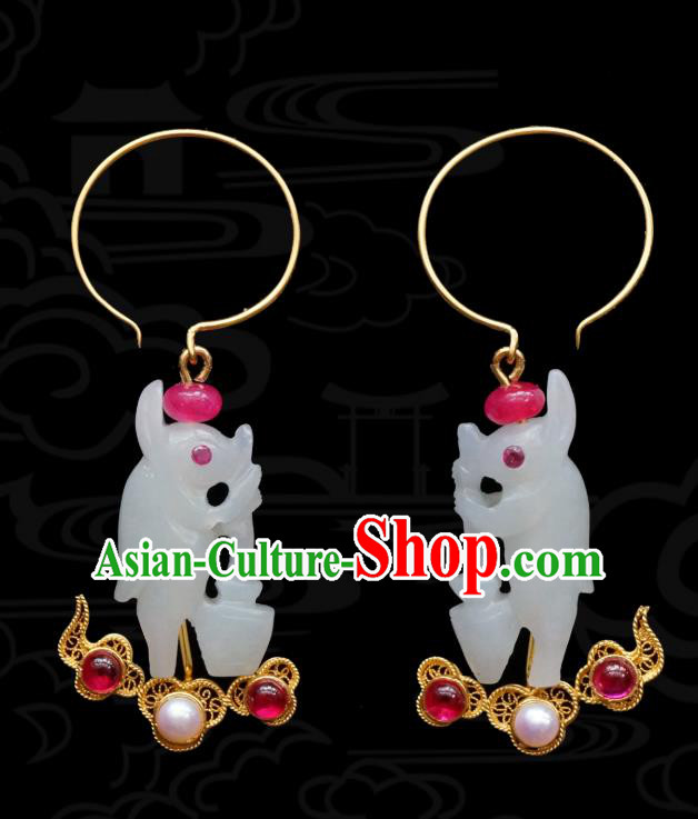 Top Grade Chinese Handmade Jade Rabbit Ear Jewelry Classical Qing Dynasty Palace Lady Gems Earrings Traditional Accessories