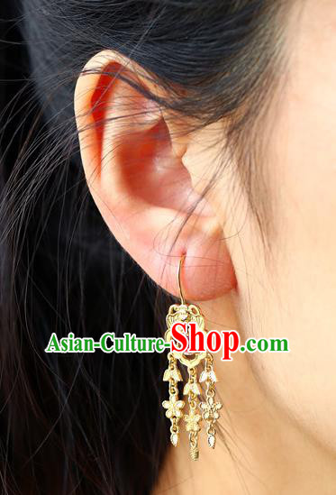 Top Grade Chinese Court Golden Earrings Traditional Handmade Ear Jewelry Qing Dynasty Tourmaline Accessories