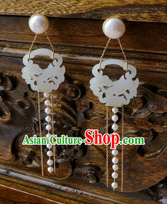 Top Grade Chinese Handmade Pearls Tassel Ear Jewelry Classical Jade Earrings Traditional Accessories