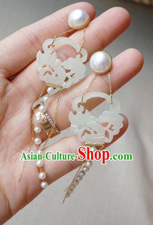 Top Grade Chinese Handmade Pearls Tassel Ear Jewelry Classical Jade Earrings Traditional Accessories