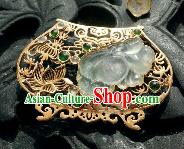 China Classical Qing Dynasty Golden Lotus Brooch Traditional Handmade Court Jade Breastpin